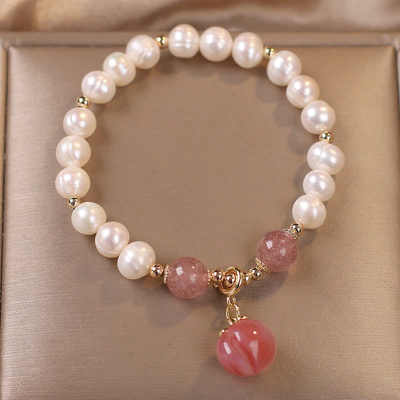 Natural Strawberry Quartz & Pearl Peach Heart Charm Beaded Bracelet