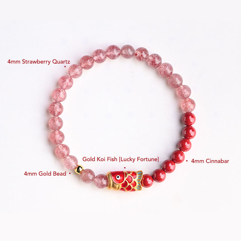 Natural Strawberry Quartz Cinnabar Lucky Koi Fish Healing Bracelet