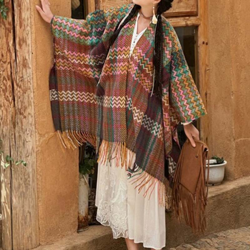 Tibetan Shawl Colorful Wavy Striped Shapes Tassels Winter Cozy Travel Scarf Wrap