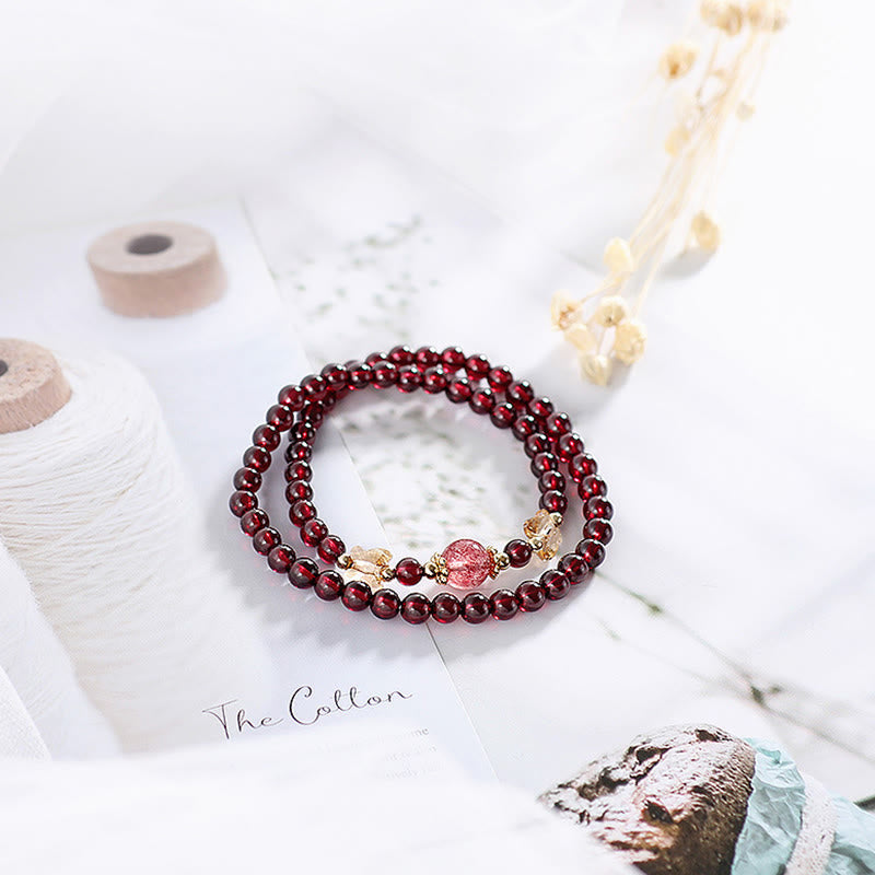 14K Gold Plated Natural Garnet Strawberry Quartz Butterfly Protection Double Wrap Bracelet