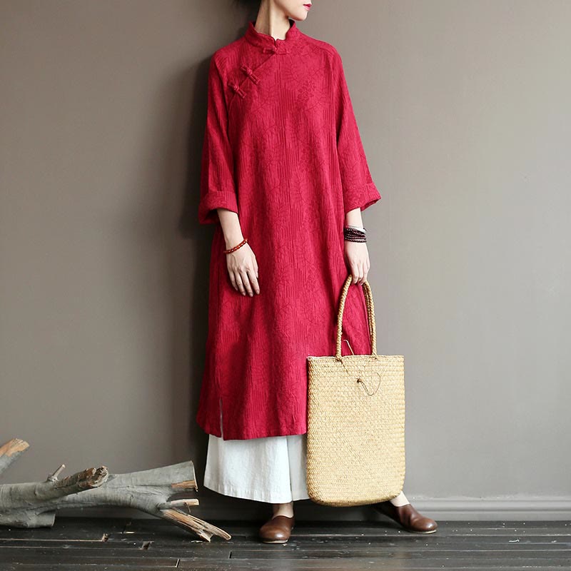 Flower Jacquard Midi Dress Long Sleeve Cotton Linen Dress Wide Leg Pants With Pockets
