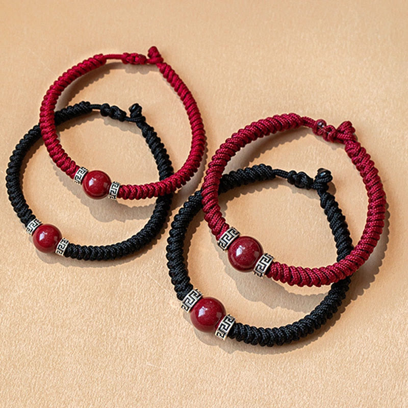 Handmade 925 Sterling Silver and Natural Cinnabar Braided Red String Bracelet