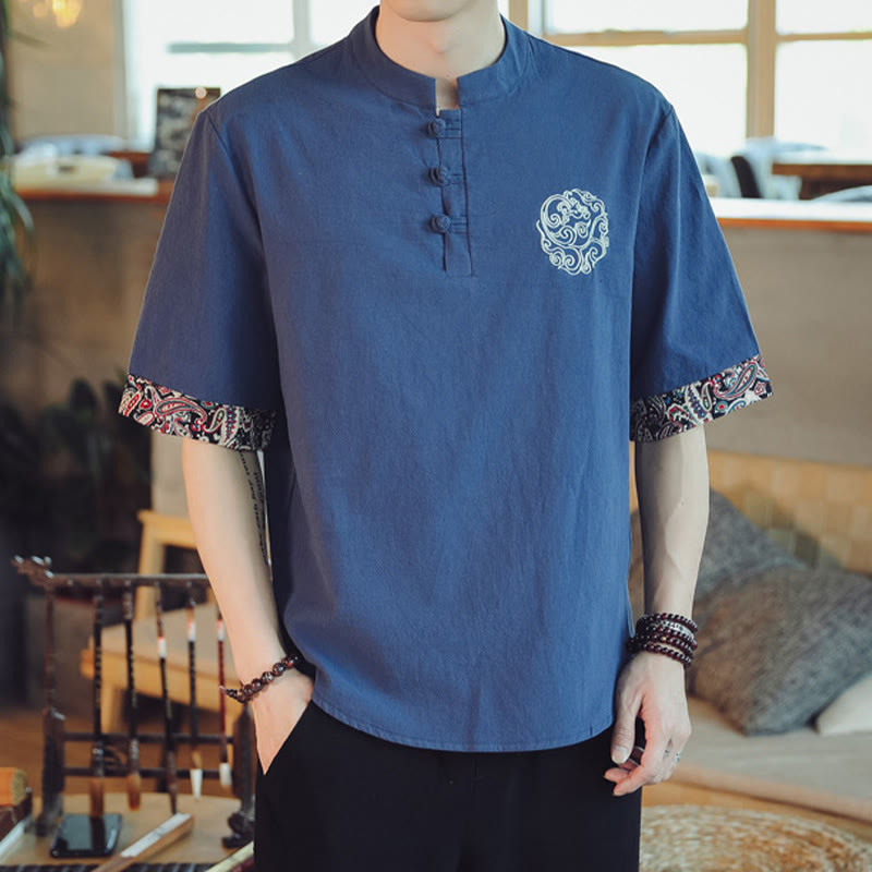 Frog-Button Dragon Embroidery Chinese Tang Suit Short Sleeve Shirt Linen Men Clothing