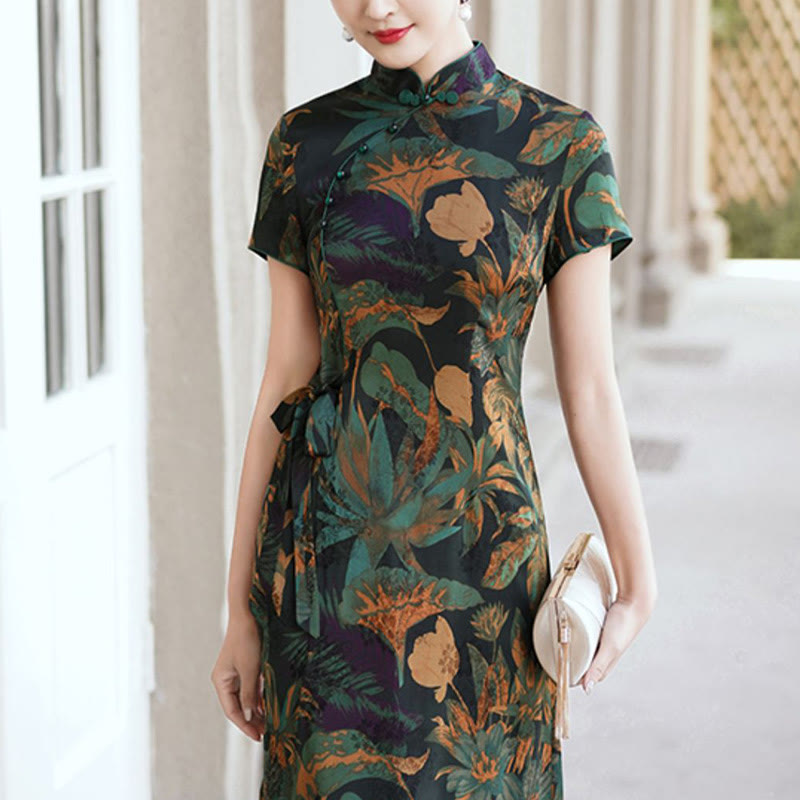 Silk Qipao Dress Retro Flower Leaf Pattern Women's Cheongsam Dress