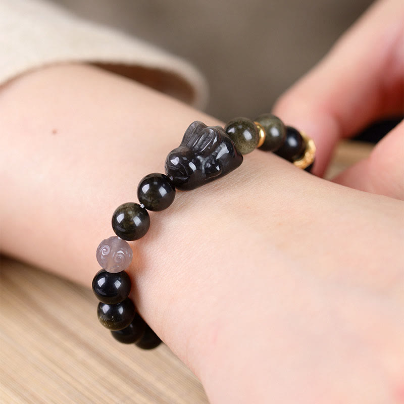 Gold Sheen Obsidian Black Obsidian Silver Sheen Obsidian Cute Rabbit Protection Bracelet