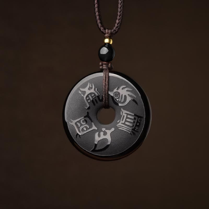 Black Obsidian Taoism Five Sacred Mountains Carved Strength Peace Buckle Necklace Pendant Key Chain Phone Hanging Decoration