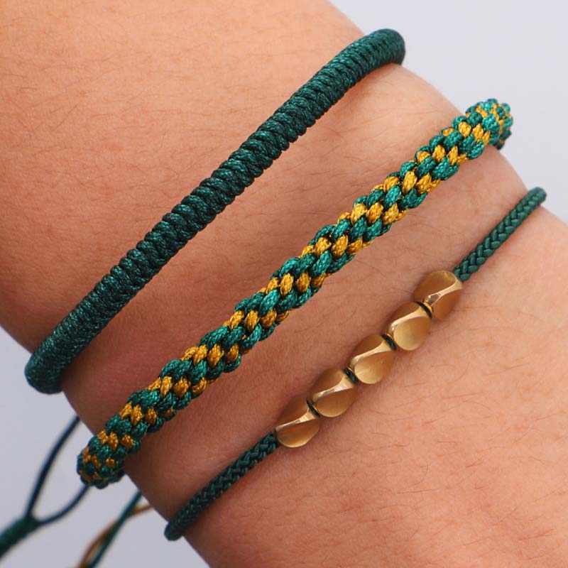 Handmade Tibetan Copper Beads & Endless Knot Woven Bracelet Set - 3 Pieces
