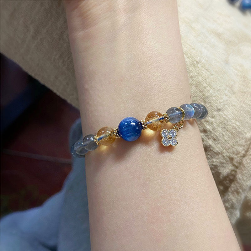 Natural Moonstone Citrine Kyanite 14K Gold Flower Charm Beaded Bracelet