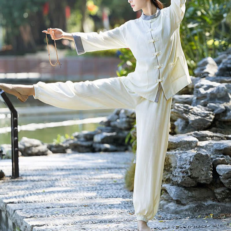 2Pcs Frog-Button Long Sleeve Shirt Top Pants Meditation Zen Tai Chi Cotton Linen Clothing Women's Set