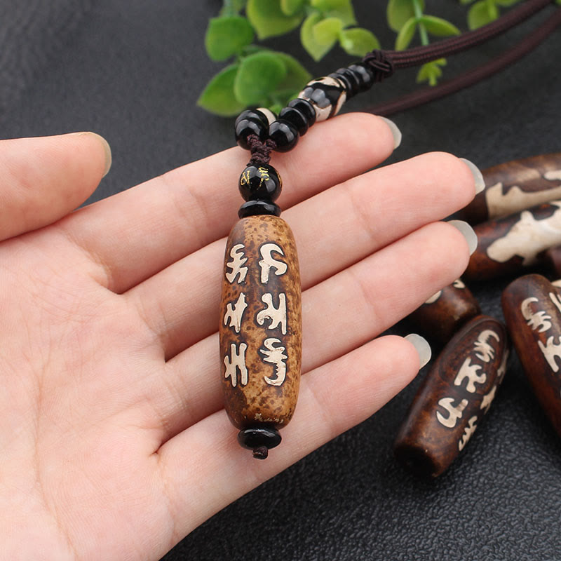 Tibet Om Mani Padme Hum Dzi Bead Avalokitesvara Pattern Wealth Necklace Pendant