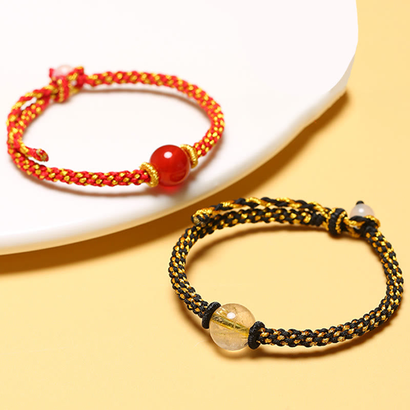 Handmade Red Agate Amethyst Golden Rutilated Quartz Pink Crystal Bead Calm Braided Bracelet