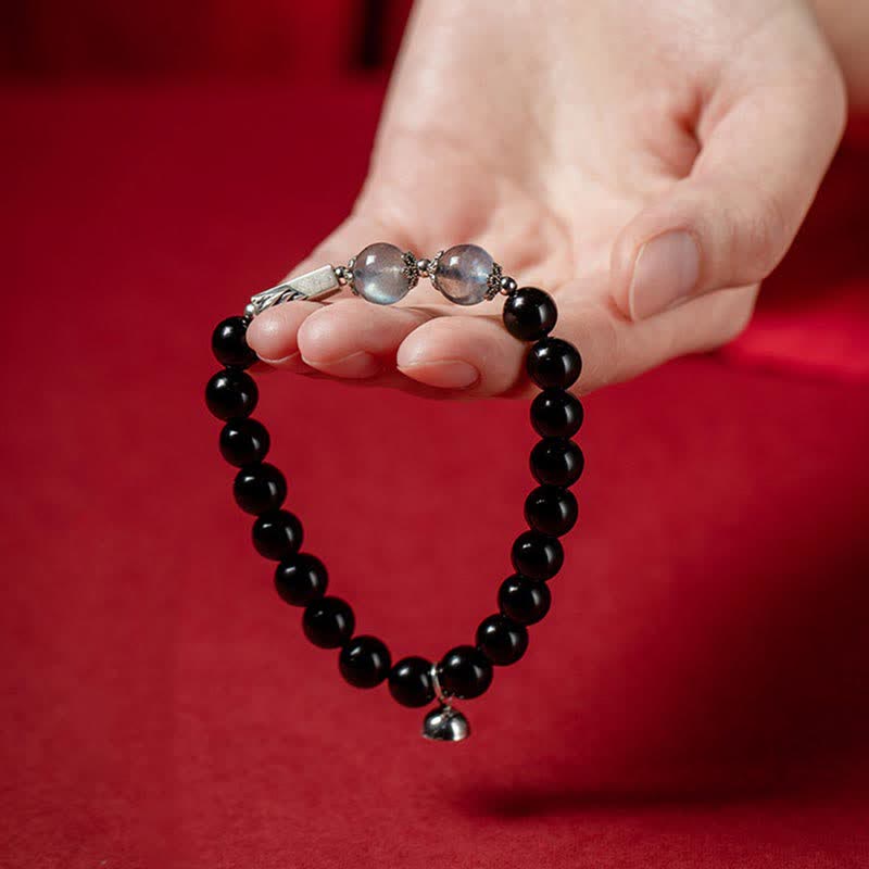 925 Sterling Silver Black Obsidian and Moonstone Beaded Couple Bracelet Set