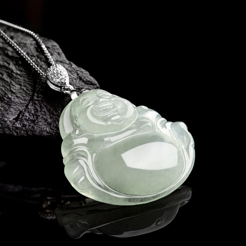 925 Sterling Silver Natural Jade Laughing Buddha Prosperity Abundance Chain Necklace Pendant
