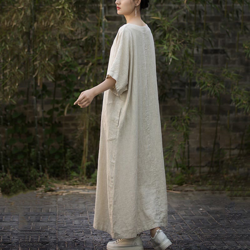 Solid Color V-Neck Half Sleeve Ramie Linen Midi Dress With Pockets