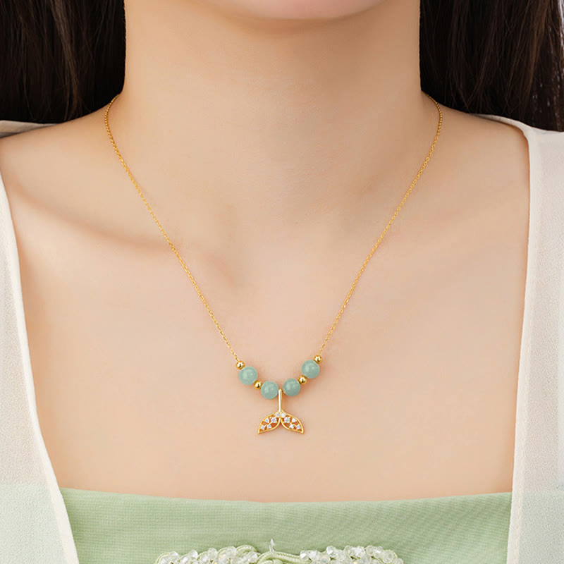 925 Sterling Silver Hetian Jade Bead Fishtail Luck Necklace Pendant