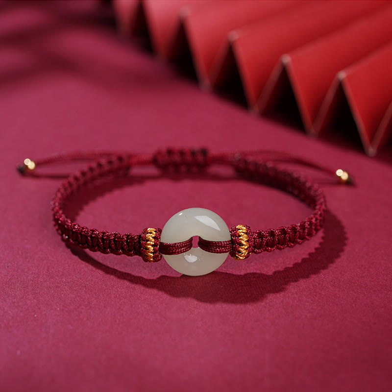 Hand-Braided Jade Ping An Kou Red String Adjustable Bracelet