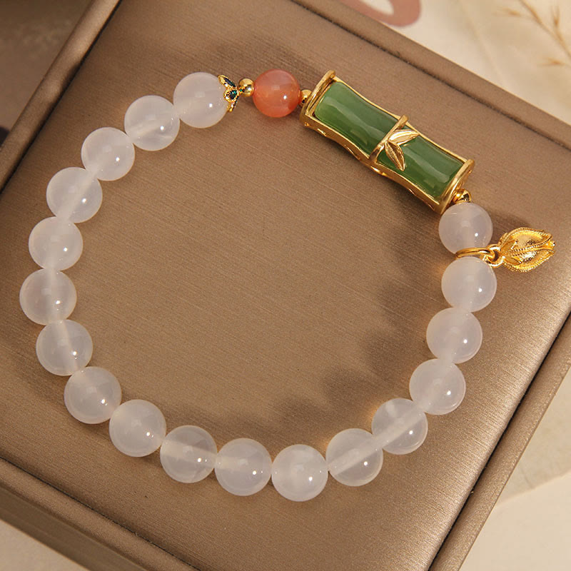 Natural White Agate Jadeite Bamboo Bead Bracelet (14-16cm Wrist) for Clarity