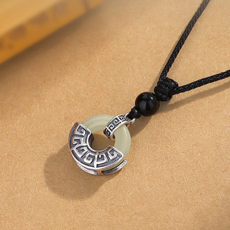 925 Sterling Silver Natural Hetian Jade Peace Buckle Prosperity Necklace Pendant