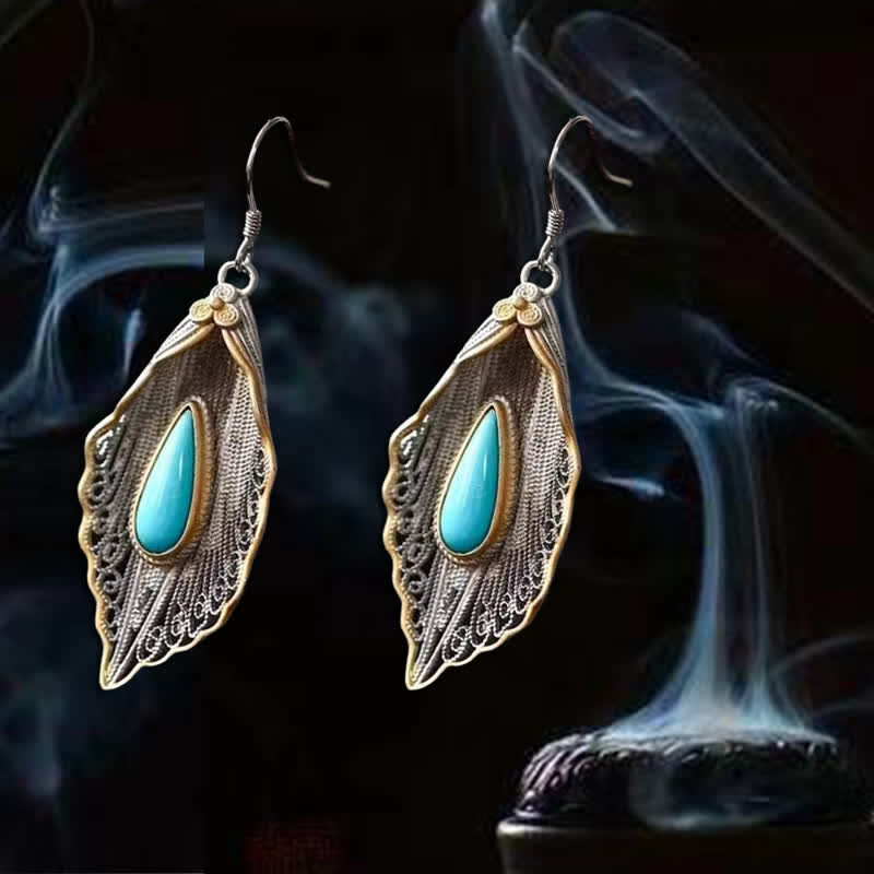 Bodhi Leaf Pattern 925 Sterling Silver Turquoise Dangle Drop Earrings