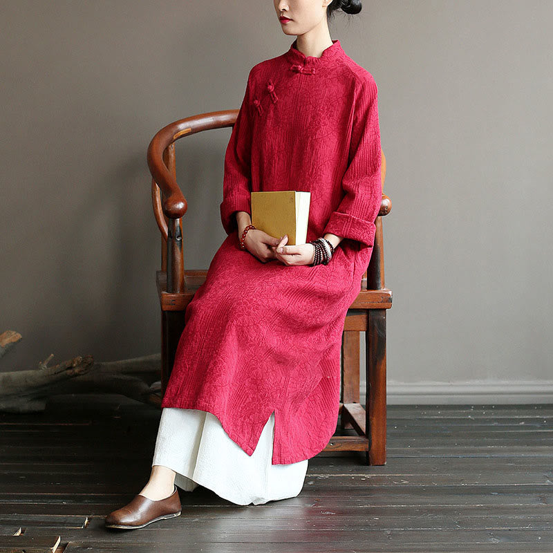 Flower Jacquard Midi Dress Long Sleeve Cotton Linen Dress Wide Leg Pants With Pockets