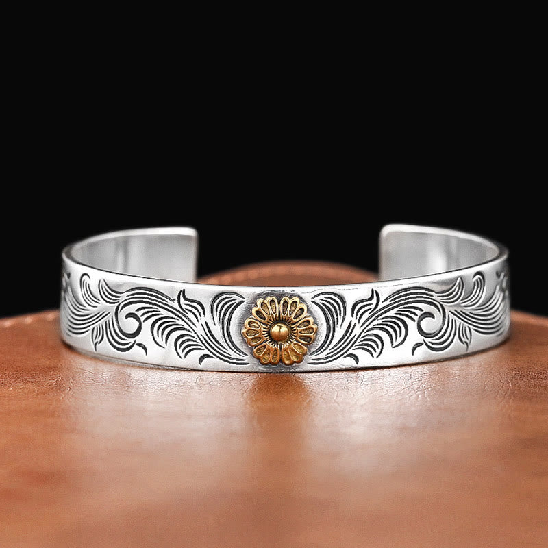 Carved Copper Tang Dynasty Floral Bangle with Lotus Rose and Feather Detail