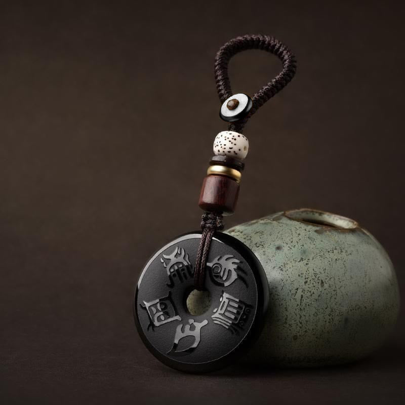 Black Obsidian Taoism Five Sacred Mountains Carved Strength Peace Buckle Necklace Pendant Key Chain Phone Hanging Decoration