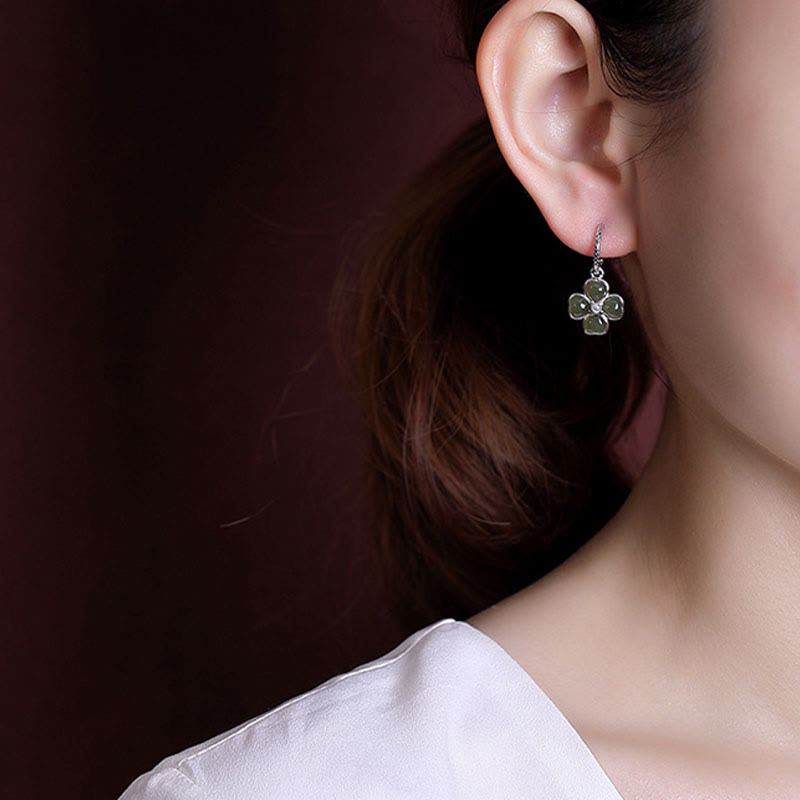 Natural Jade and 925 Sterling Silver Four-Leaf Clover Stud Earrings