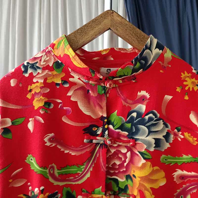 Ethnic Red Flower Peony Frog-Button Cotton Linen Long Sleeve Shirt Jacket With Pockets