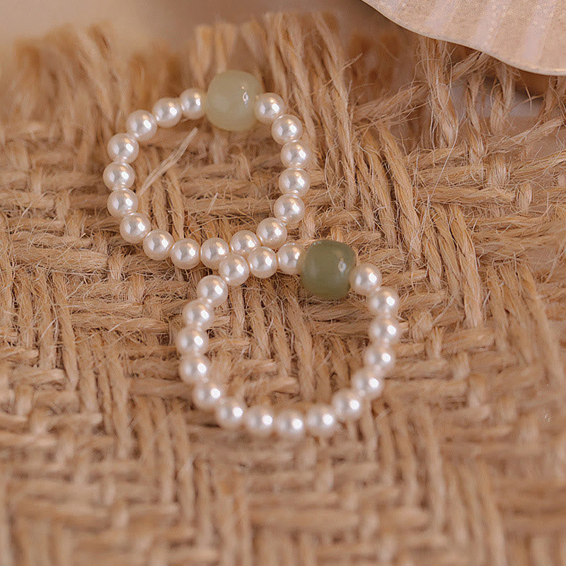 Natural Round Jade and Pearl Beaded Minimalist Ring