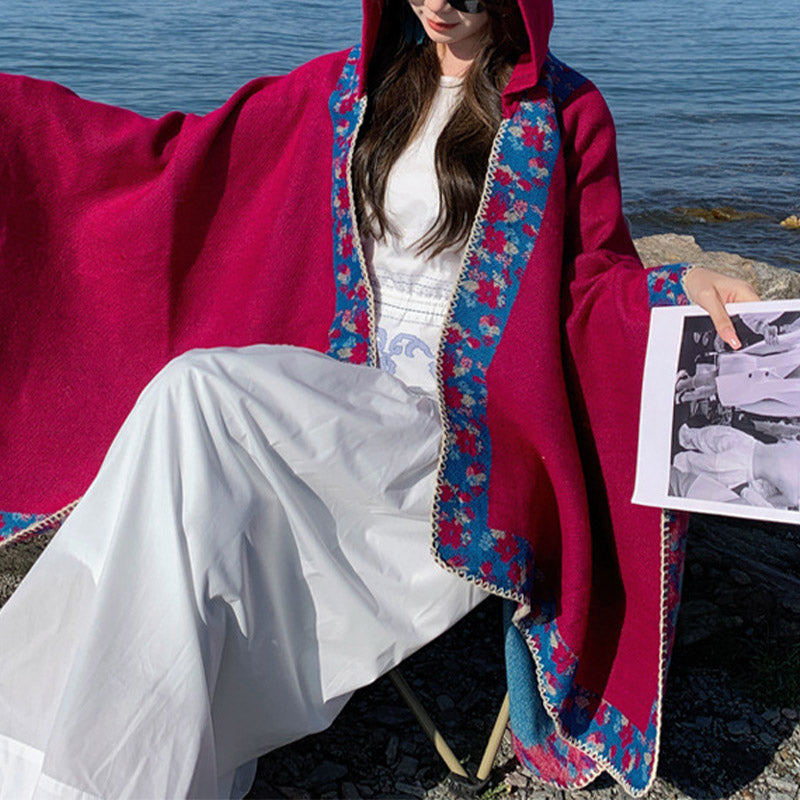 Tibetan Shawl Border Small Floral Flower Hooded Cloak Winter Cozy Travel Scarf Wrap