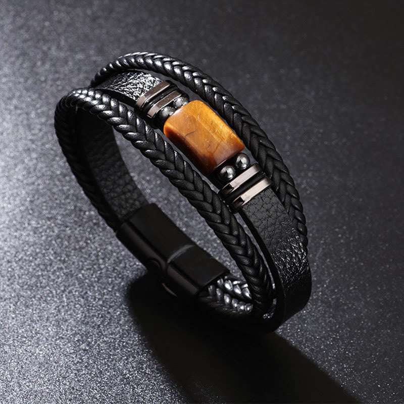 Tiger Eye Power Magnetic Buckle Multilayered Leather Bracelet