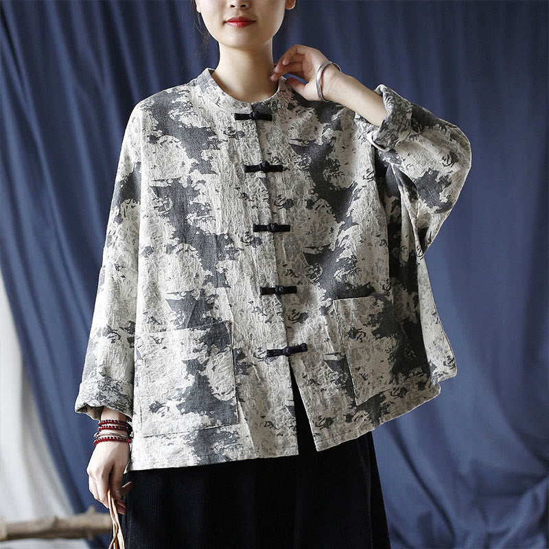 Black Gray Print Frog-button Design Long Sleeve Cotton Linen Jacket Shirt With Pockets