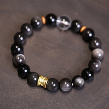 Natural Silver Sheen Obsidian Crystal Om Mani Padme Hum Bead Protection Bracelet