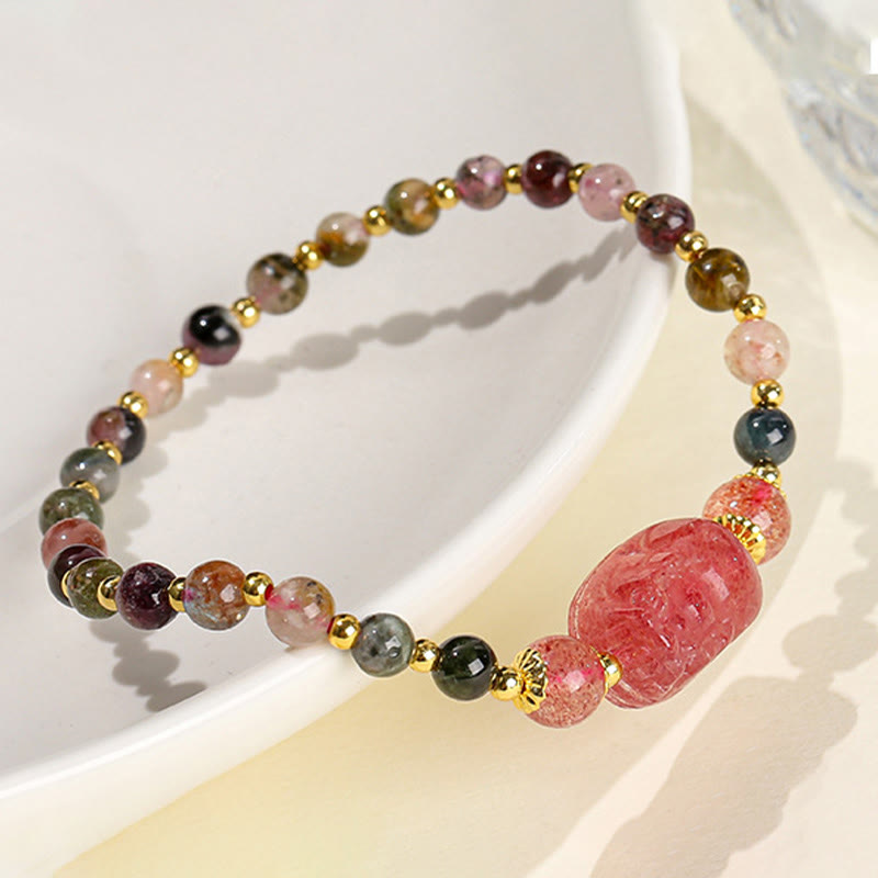 Moonstone Strawberry Quartz Tourmaline PiXiu Healing Bracelet