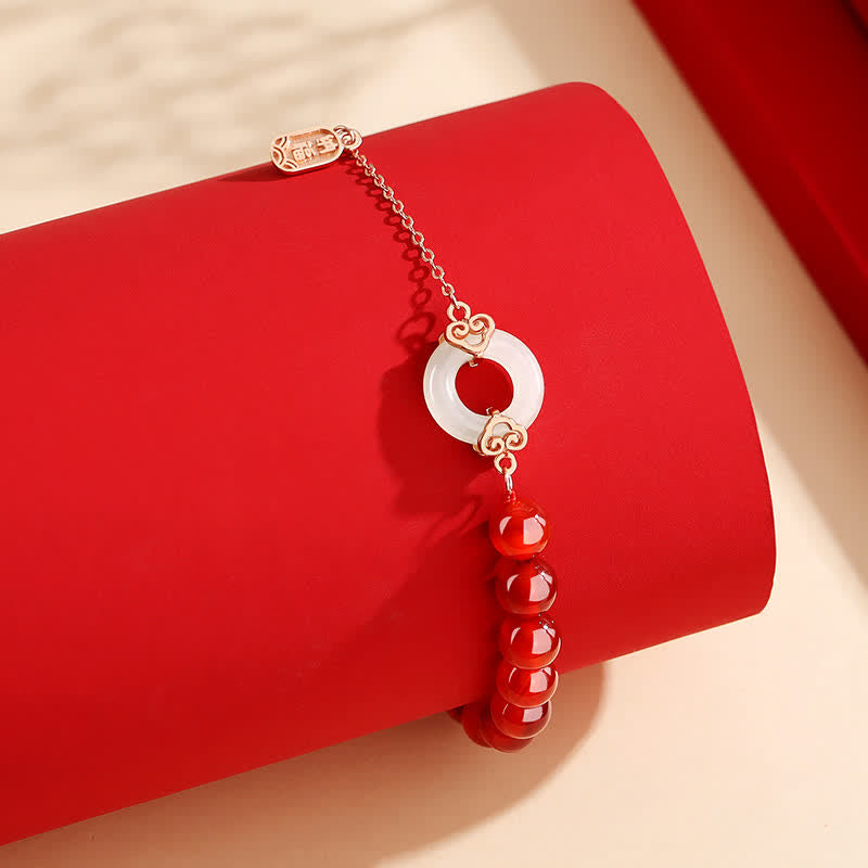 Natural Red Agate and White Jade Ping An Kou 925 Sterling Silver Peace Buckle Bracelet