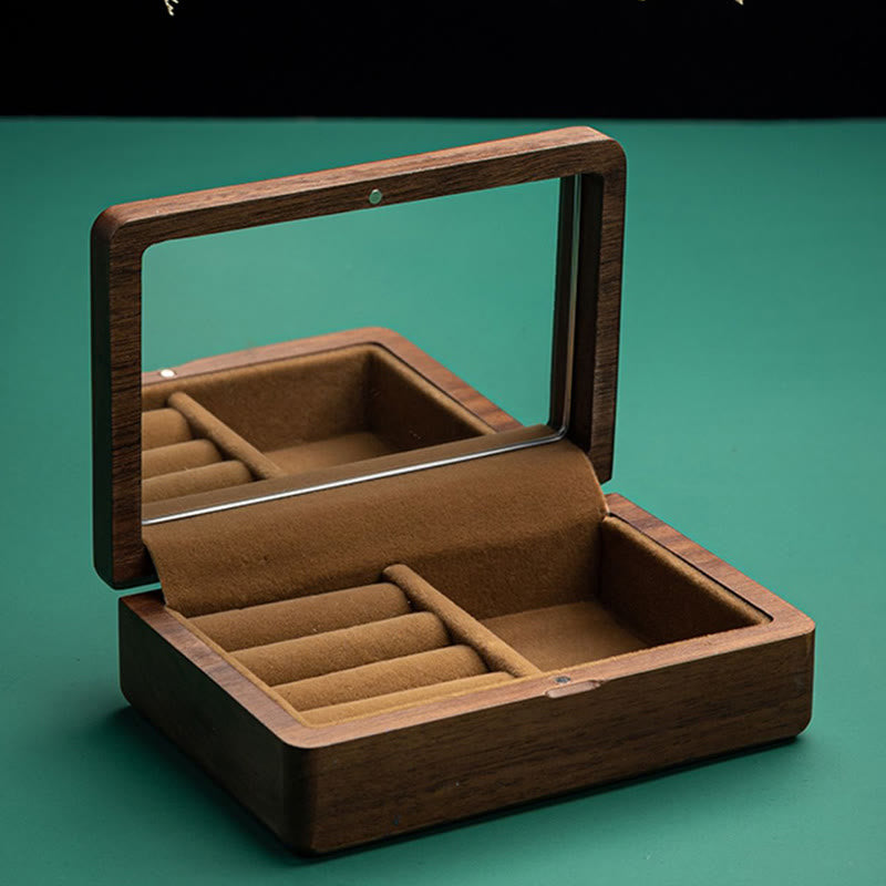 Vintage Handmade Black Walnut Wood Jewelry Storage Box With Mirror