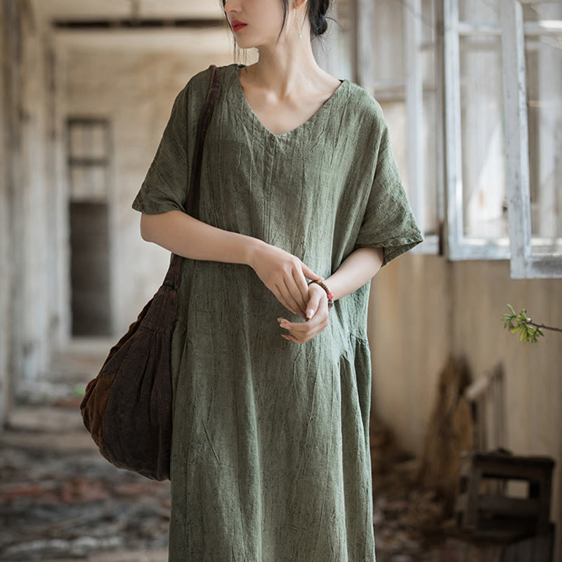 Handmade Tie Dye V-Neck Midi Dress Linen Short Sleeve Dress
