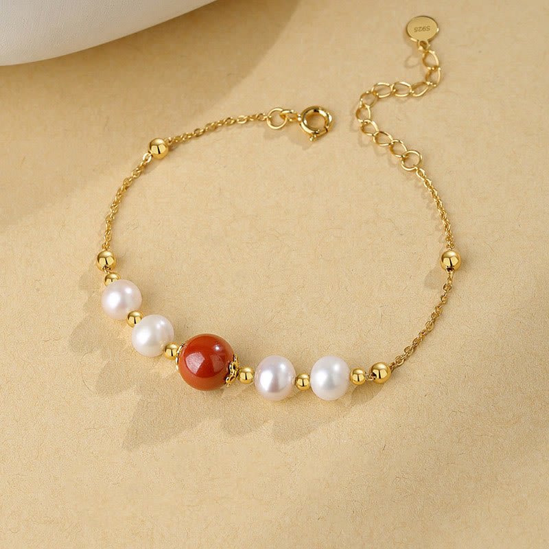 925 Sterling Silver Cinnabar and Pearl Bead Chain Adjustable Bracelet