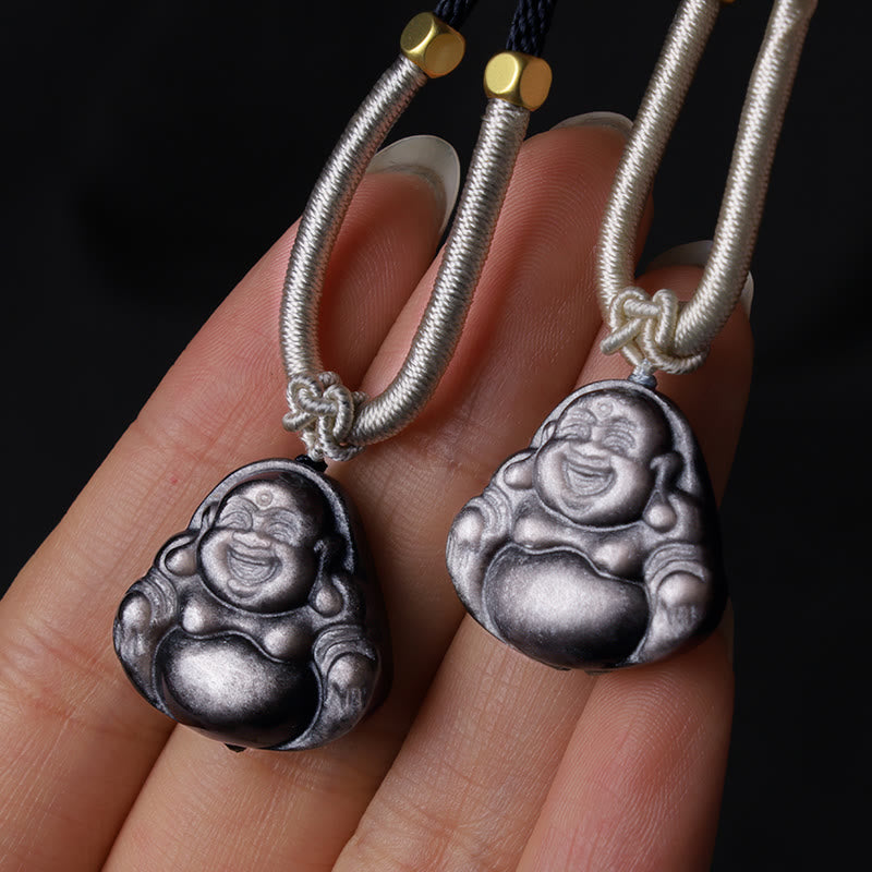 Natural Silver Sheen Obsidian Laughing Buddha Protection Necklace Pendant