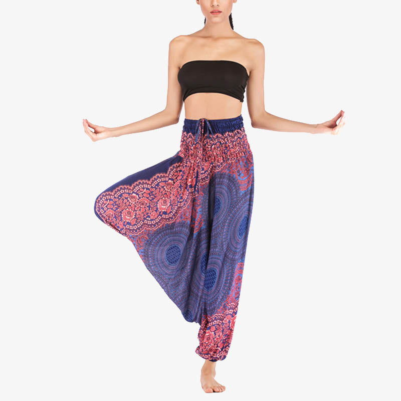 Two Style Wear Round Geometric Pattern Loose Smocked Harem Trousers Jumpsuit High Waist Women's Yoga Pants