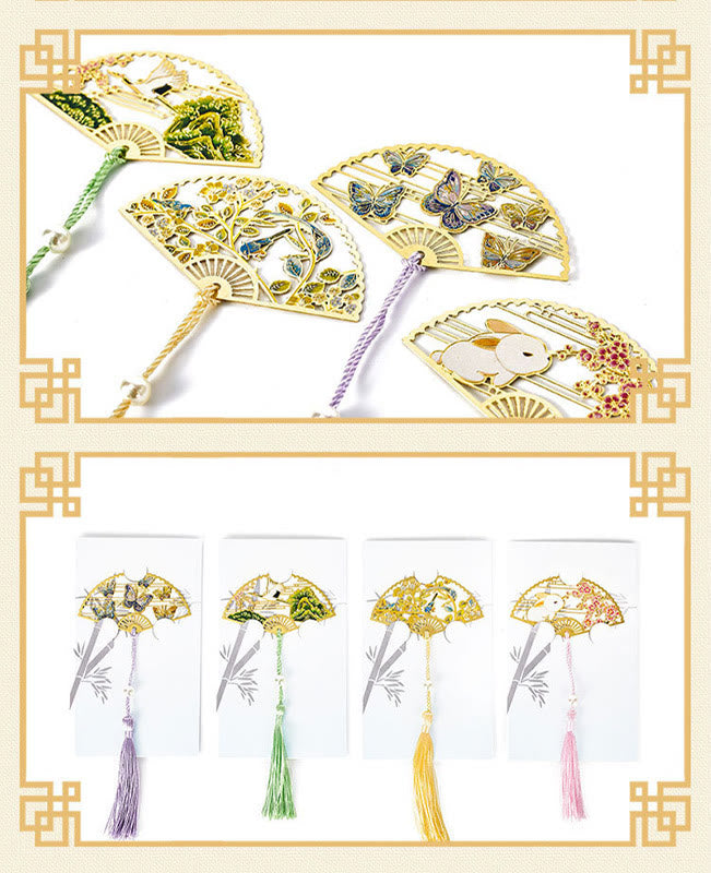 Traditional Butterfly Lotus Flower Crane Dragon Phoenix Fox Koi Fish New Beginning Metal Brass Hollow Fan Bookmarks