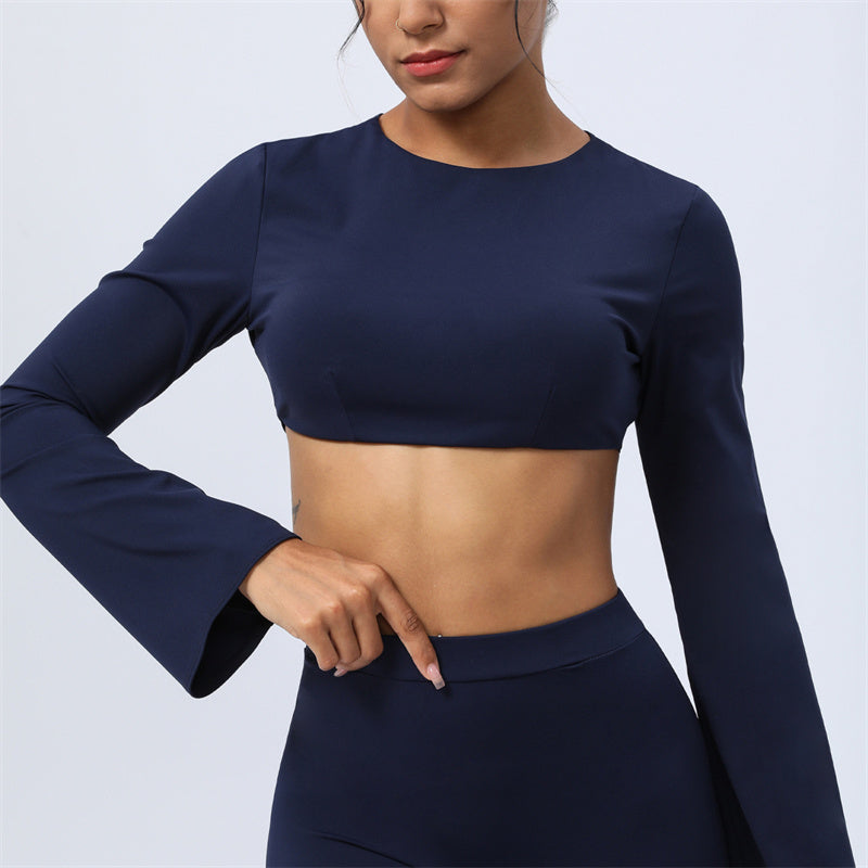 Long Sleeve Backless Strap Top Bra Flare Pants Fitness Yoga Outfit