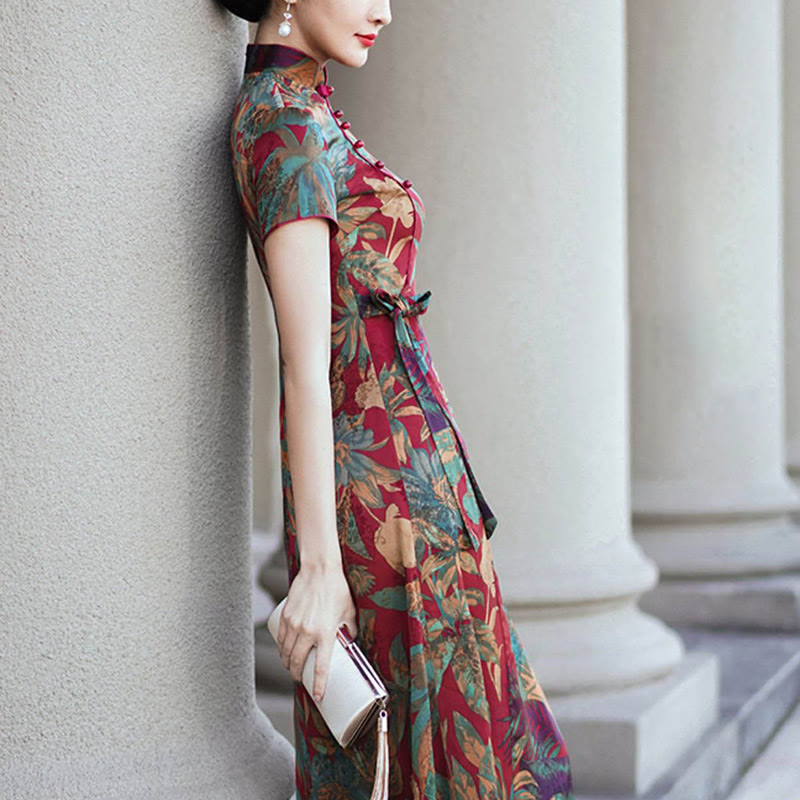 Silk Qipao Dress Retro Flower Leaf Pattern Women's Cheongsam Dress