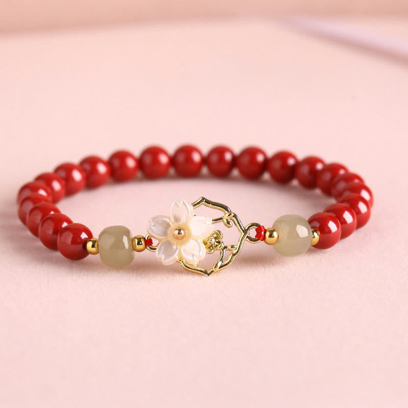 Natural Cinnabar Jade Beaded Tridacna Stone Flower Blessing Bracelet