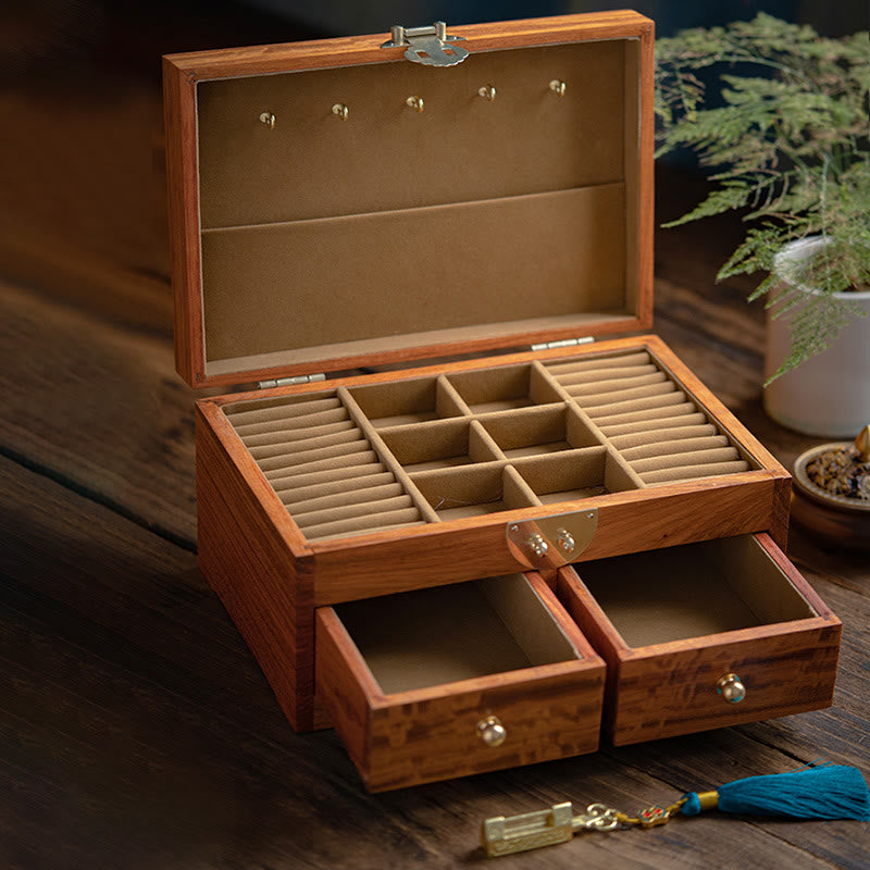 Handmade Antique Rosewood Double Layer Lockable Flower Jewelry Storage Box