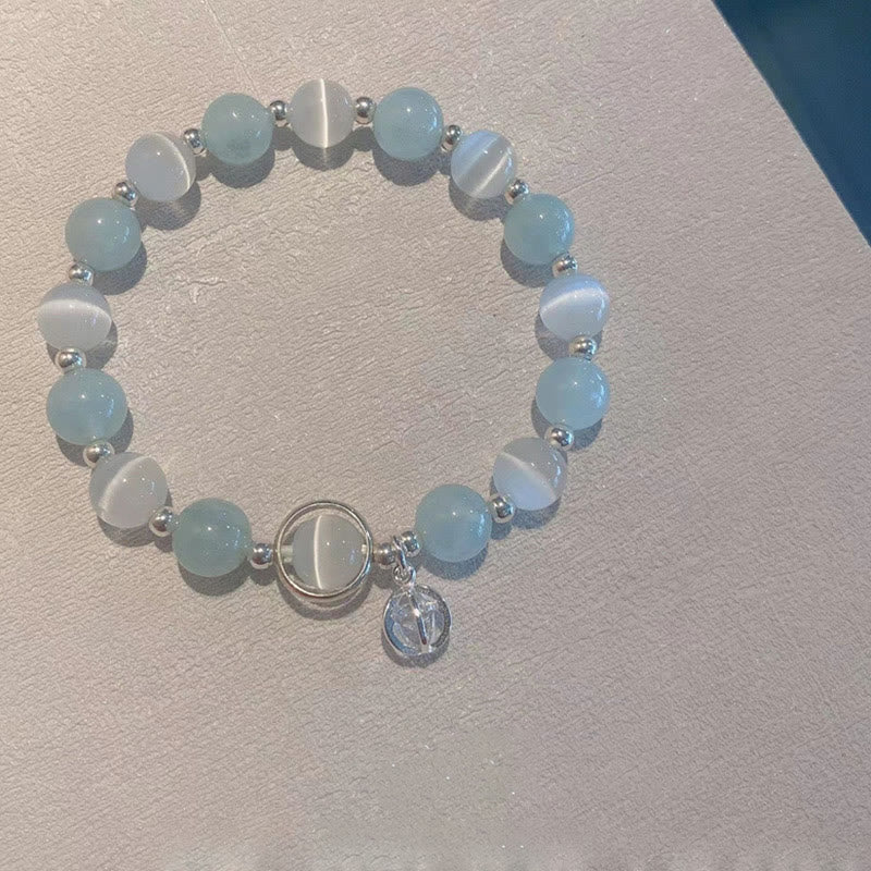 Handcrafted Cat's Eye & Aquamarine 925 Sterling Silver Support Charm Bracelet