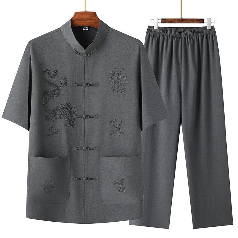 Tang Suit Hanfu Chinese Dragon Traditional Kung Fu Uniform Short Sleeve Tops and Pants Clothing Men's Set