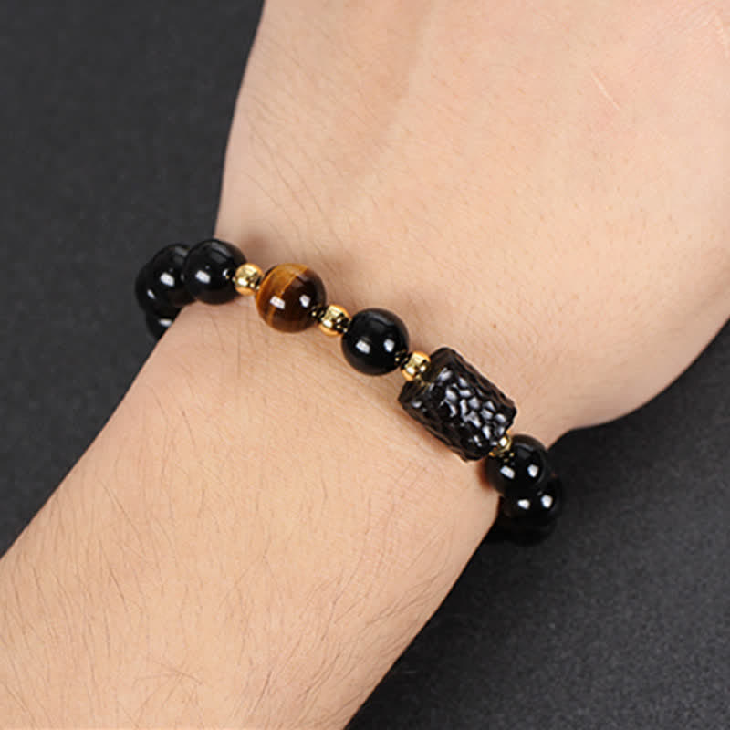 Ebony Wood & Black Obsidian Gold Sterling Silver Tiger Eye Beaded Couple Bracelet