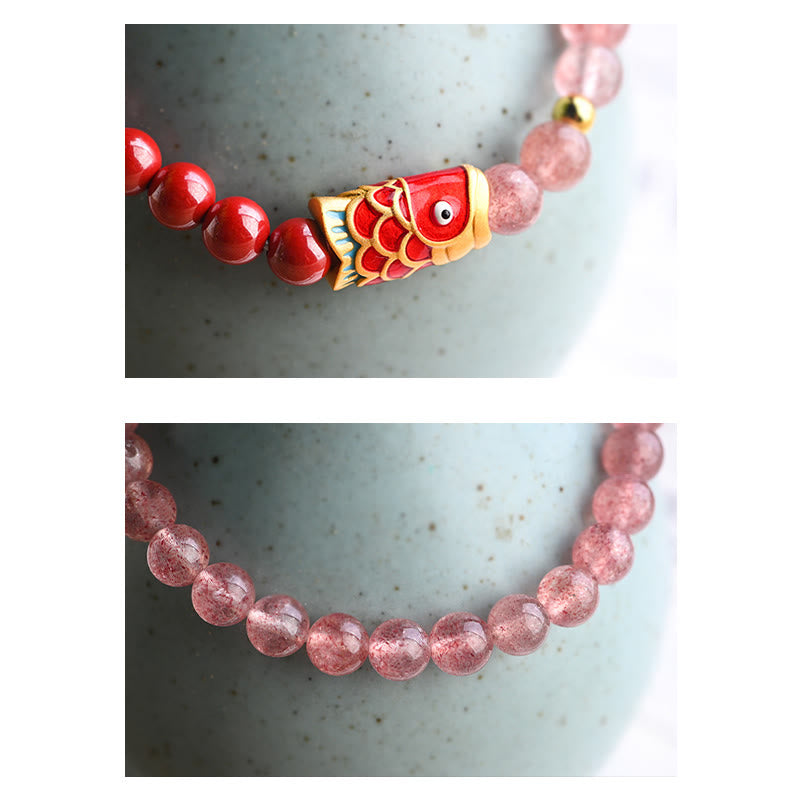 Natural Strawberry Quartz Cinnabar Lucky Koi Fish Healing Bracelet