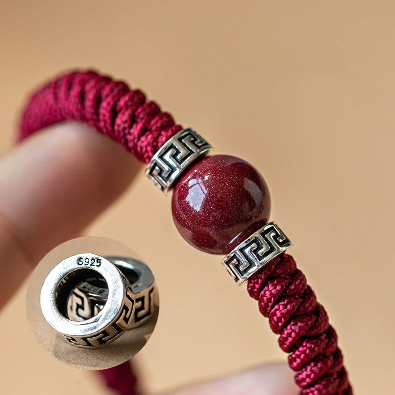 Handmade 925 Sterling Silver and Natural Cinnabar Braided Red String Bracelet